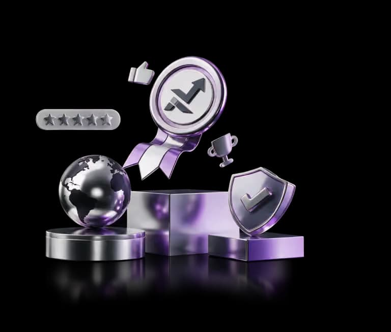 Silver podium with a globe, a shield, a rosette with the Inveslo arrow and a five-star rating