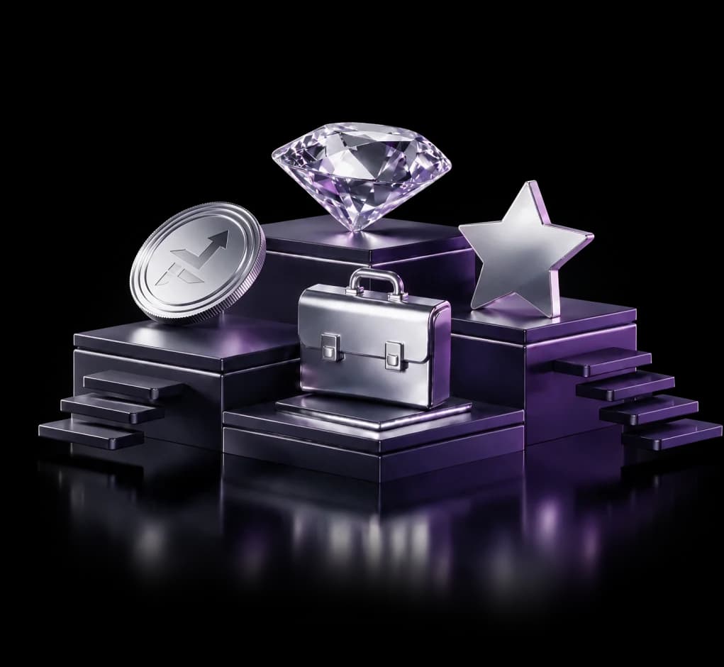 Silver coin, briefcase, star and diamond on a stepped podium