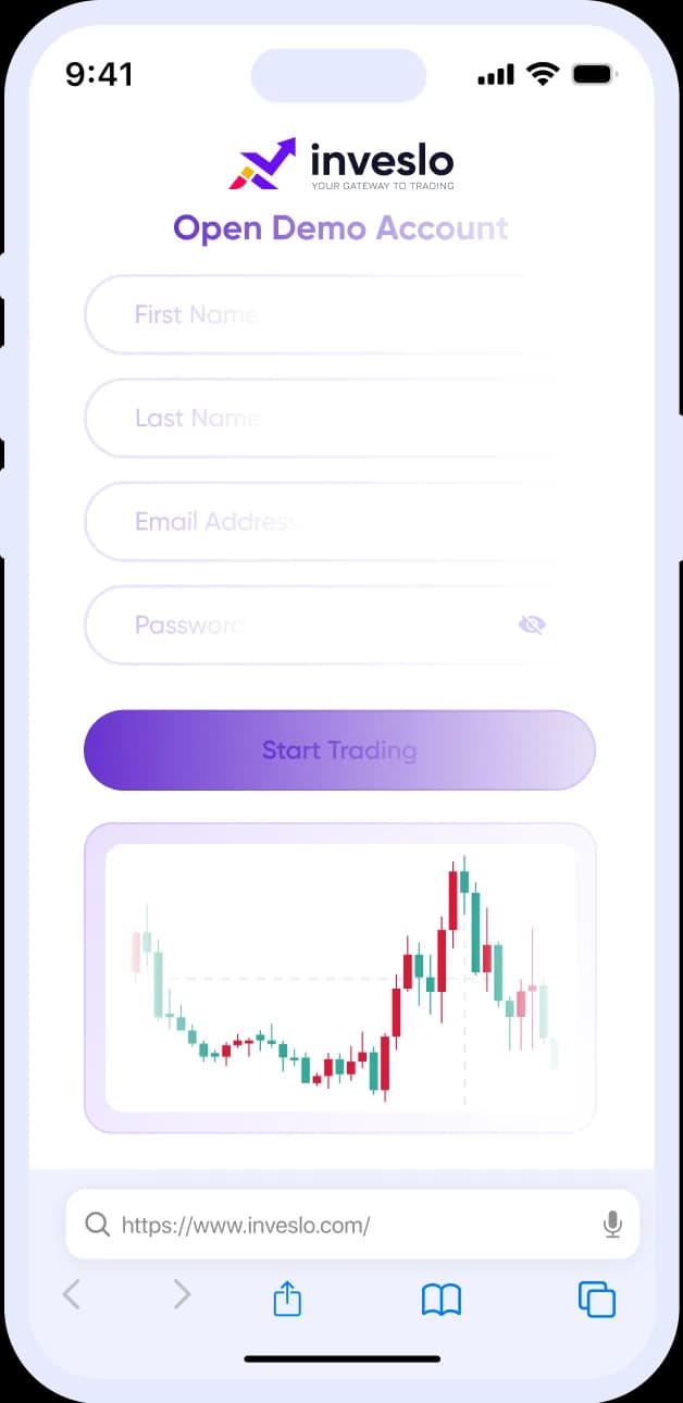 Phone showing the Inveslo demo account sign-up form and a price chart